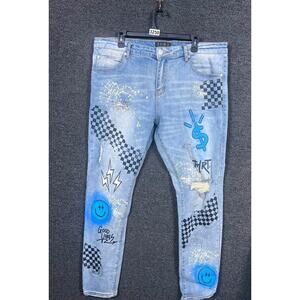 THRT Skinny Jeans Graphic Print Mens Size 38 Blue Denim Jeans Paint Graffiti